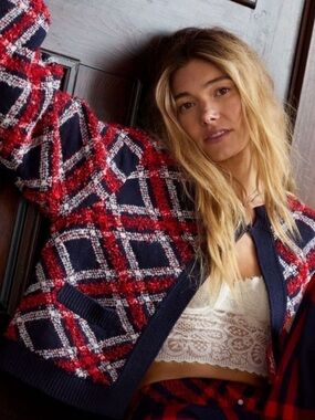 aerie Red & Navy Plaid Knit Cardigan Jacket